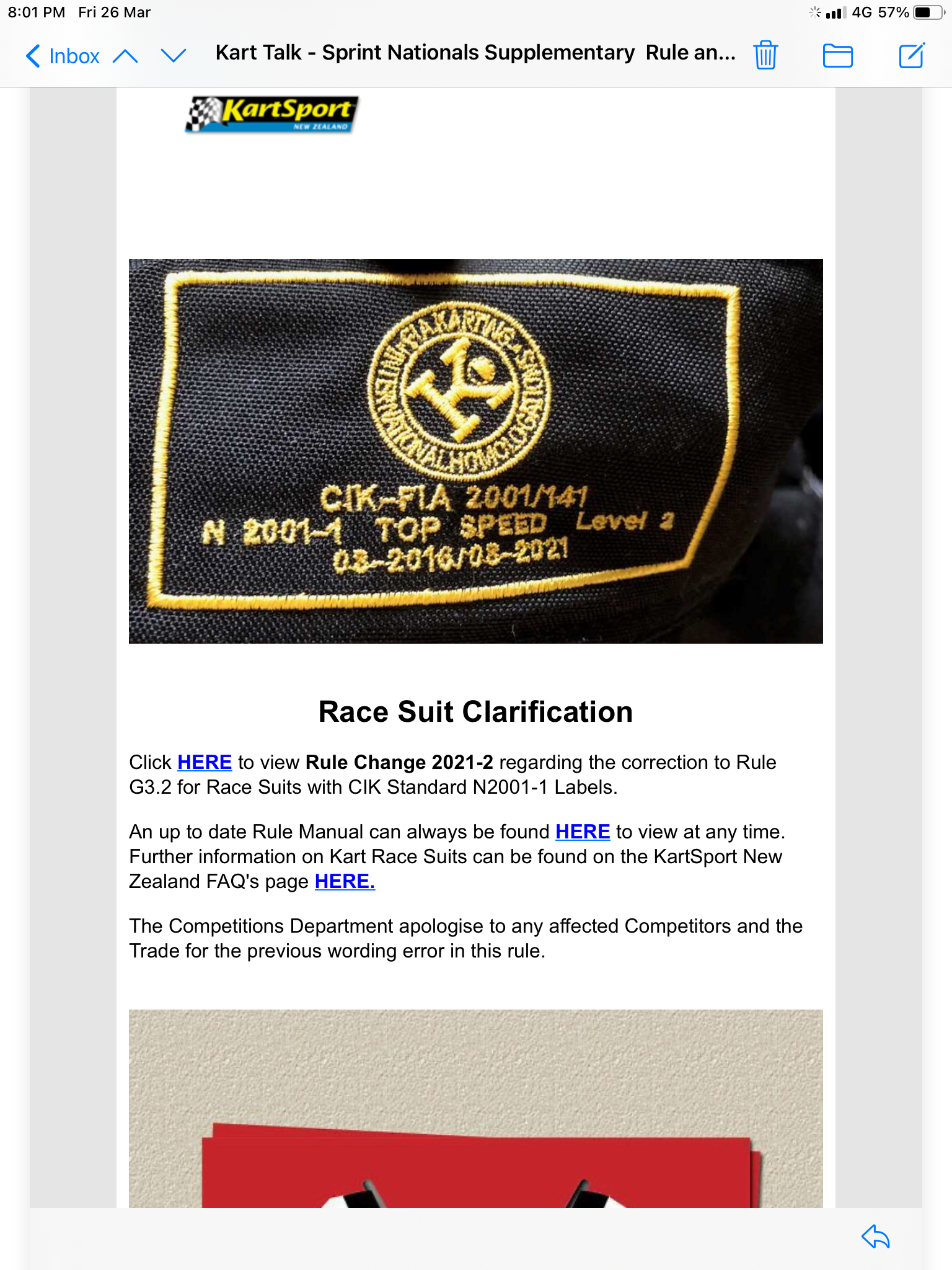 Kartsport Rule book Correction for kart suits