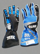 A pair of blue and black racing gloves with white and silver accents, featuring silicon grip enhancements and branded with 'thr' and '99V'. They have extended cuffs and are designed for motorsport activities.